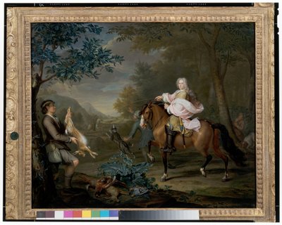 Een Heer te Paard met Jagers in een uitgestrekt Landschap door Hieronymus van der Mij