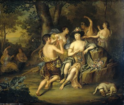 Herders en herderinnen in een landschap (Kroning van Mirtillo door Amarillis) door Hieronymus van der Mij