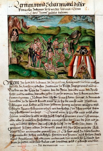 Venezolanen vallen Spaanse conquistadores aan, ca. 16e eeuw door Hieronyouse Koler