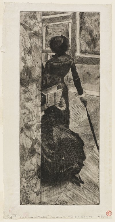 Mary Cassatt in de schilderijengalerij van het Louvre door Hilaire Germain Edgar Degas