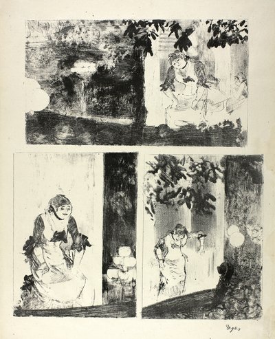 Mlle Bécat in het Café des Ambassadeurs: Drie motieven door Hilaire Germain Edgar Degas