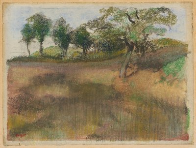 Omgeploegd veld omzoomd door bomen door Hilaire Germain Edgar Degas