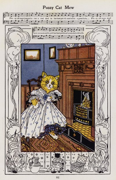 Poes Mew (kleur litho) door Hilda Broughton