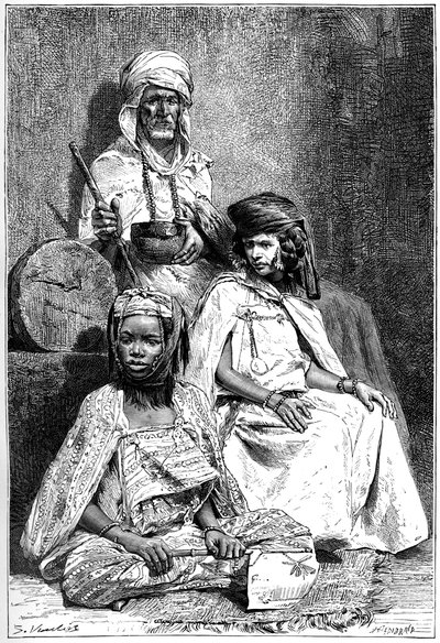 Arabische bedelaar, vrouwen van Biskra en El-kantra, ca. 1890 door Hildibrand