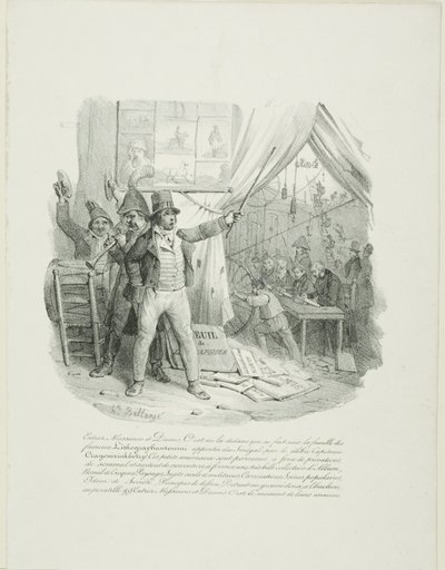 Kom binnen, dames en heren. Binnen ziet u de beroemde lithografie van de familieantoccini... Frontispice voor "Album van 1824". door Hippolyte Bellange