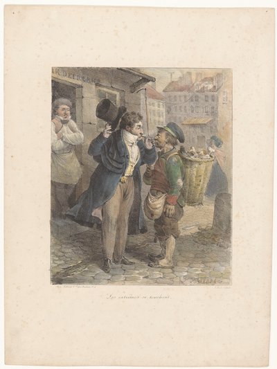 Deftig geklede heer ontsteekt zijn sigaar aan de pijp van een arbeider in lompen door Hippolyte Bellange