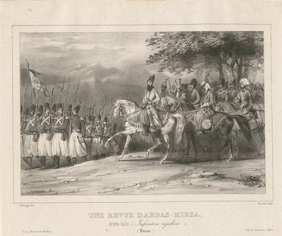 Prins, Veldmaarschalk Abbas Mirza inspecteert infanterieregiment door Hippolyte Bellange