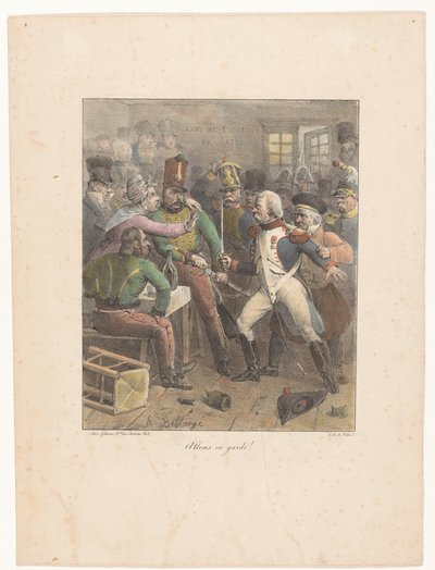 Twee soldaten kruisen de degens in een kroeg door Hippolyte Bellange