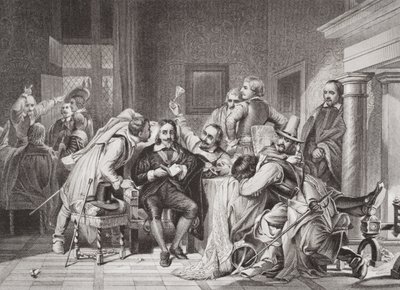 Karel I (1600-49) in de wachtkamer beledigd door de soldaten van Oliver Cromwell, uit 