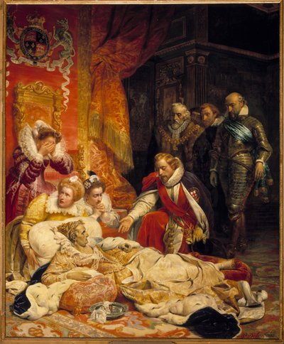 De dood van Elizabeth I, koningin van Engeland in 1603. Koningin Elizabeth stierf aan depressie en ziekte op 24/03/1603, omringd door haar hovelingen. door Hippolyte Delaroche