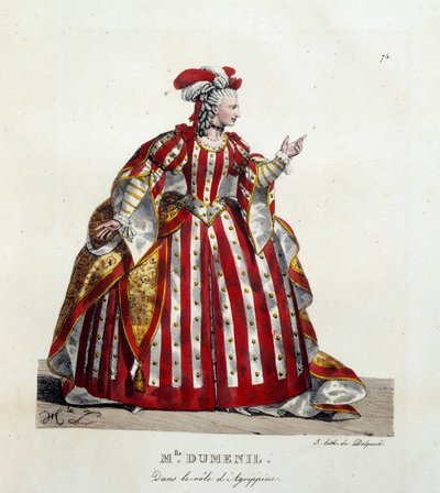 Franse actrice Marie Francoise Marchand, bekend als Mademoiselle Dumesnil, in de rol van Agrippine in het stuk Britannicus door Jean Racine. Lithografie door Hippolyte Lecomte. Privécollectie door Hippolyte Lecomte