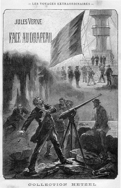 Illustratie van het boek "Face au drapeau" door Jules Verne, frontispice Hetzel editie - Les voyages extraordinaire 1896 (gravure) door Hippolyte Leon Benett
