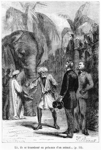 Phileas Fogg voor een olifant, illustratie uit 