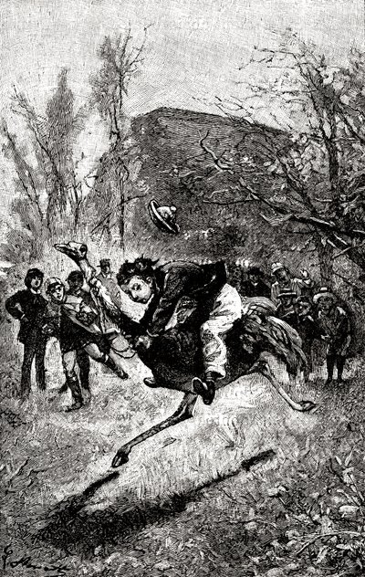 De jonge Service rijdt op een struisvogel. Gravure door Hippolyte Leon Benett
