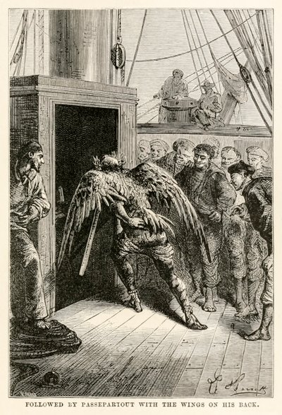 Gevolgd door Passepartout met de vleugels op zijn rug, uit De Reis om de Wereld in Tachtig Dagen door Jules Verne (1828-1905), gegraveerd door Adolphe François Pannemaker (1822-1900), 1873 door Hippolyte Leon after Benett