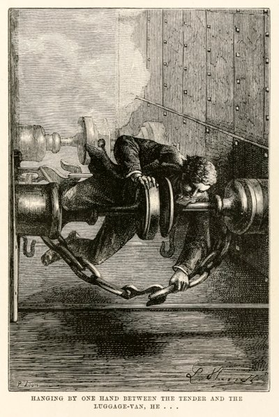 Hangend met één hand tussen de tender en de bagagewagen, hij... uit De Reis om de Wereld in Tachtig Dagen door Jules Verne (1828-1905) gegraveerd door Louis, 1873 door Hippolyte Leon after Benett