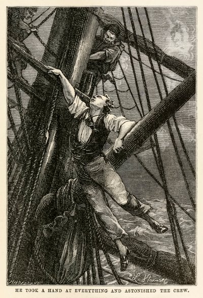Hij hielp overal mee en verbaasde de bemanning, uit De Reis om de Wereld in Tachtig Dagen door Jules Verne (1828-1905) gegraveerd door Henri-Théophile Hildebrand (1824-97), 1873 door Hippolyte Leon after Benett
