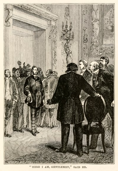 Hier ben ik heren, zei hij, uit De Reis om de Wereld in Tachtig Dagen door Jules Verne (1828-1905) gegraveerd door Henri-Théophile Hildebrand (1824-97), 1873 door Hippolyte Leon after Benett