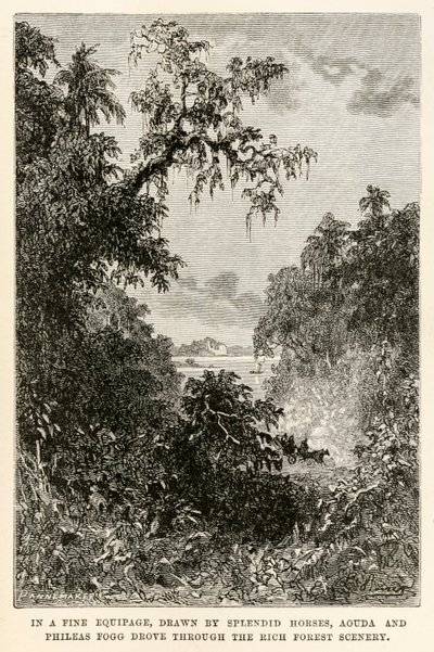 In een prachtig rijtuig, getrokken door schitterende paarden, reden Aouda en Phileas Fogg door het rijke boslandschap, uit De Reis om de Wereld in Tachtig Dagen door Jules Verne (1828-1905) gegraveerd door Henri-Théophile door Hippolyte Leon after Benett