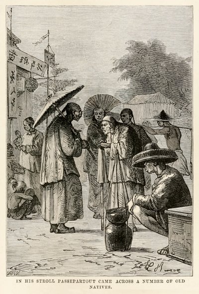 Tijdens zijn wandeling kwam Passepartout een aantal oude inboorlingen tegen, uit De Reis om de Wereld in Tachtig Dagen door Jules Verne (1828-1905), gegraveerd door Adolphe François Pannemaker (1822-1900), 1873 door Hippolyte Leon after Benett