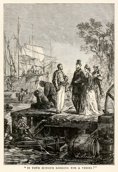 Zoekt uw eer een schip?, uit De Reis om de Wereld in Tachtig Dagen door Jules Verne (1828-1905), gegraveerd door Louis Prevost, 1873 door Hippolyte Leon after Benett