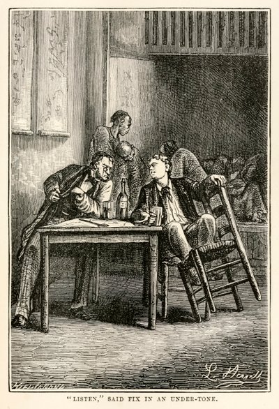 Luister, zei Fix in een ondertoon, uit De Reis om de Wereld in Tachtig Dagen door Jules Verne (1828-1905) gegraveerd door Henri-Théophile Hildebrand (1824-97), 1873 door Hippolyte Leon after Benett