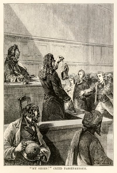 Mijn Schoenen!, riep Passepartout, uit De Reis om de Wereld in Tachtig Dagen door Jules Verne (1828-1905), gegraveerd door Adolphe François Pannemaker (1822-1900), 1873 door Hippolyte Leon after Benett