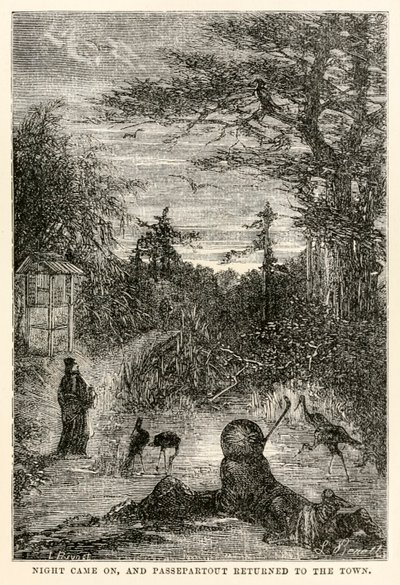 De nacht viel, en Passepartout keerde terug naar de stad, uit De Reis om de Wereld in Tachtig Dagen door Jules Verne (1828-1905), gegraveerd door Louis Prevost, 1873 door Hippolyte Leon after Benett