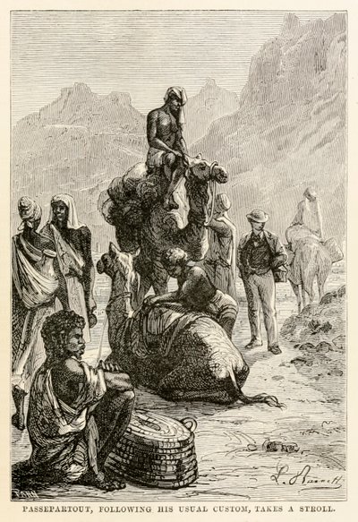 Passepartout, volgens zijn gebruikelijke gewoonte, maakt een wandeling, uit De Reis om de Wereld in Tachtig Dagen door Jules Verne (1828-1905), gegraveerd door Adolphe François Pannemaker (1822-1900), 1873 door Hippolyte Leon after Benett