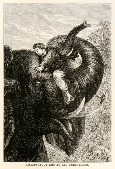 Passepartout helemaal niet bang, uit De Reis om de Wereld in Tachtig Dagen door Jules Verne (1828-1905), 1873 door Hippolyte Leon after Benett