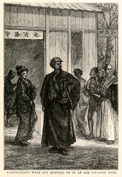 Passepartout ging naar buiten gehuld in een oude Japanse mantel, uit De Reis om de Wereld in Tachtig Dagen door Jules Verne (1828-1905), gegraveerd door Louis Prevost, 1873 door Hippolyte Leon after Benett