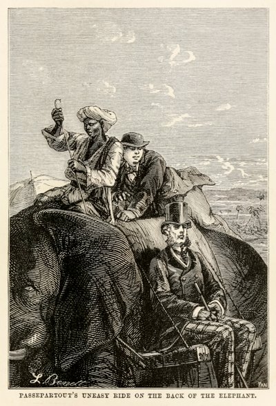 Passepartouts onrustige rit op de rug van de olifant, uit De Reis om de Wereld in Tachtig Dagen door Jules Verne (1828-1905) gegraveerd door Adolphe François Pannemaker (1822-1900) 1873 door Hippolyte Leon after Benett