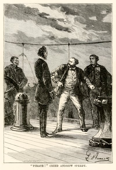 Piraat! riep Andrew Speedy., uit De Reis om de Wereld in Tachtig Dagen door Jules Verne (1828-1905) gegraveerd door Louis Dumont (b.1822) 1873 door Hippolyte Leon after Benett