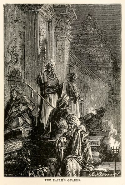 De wachters van de Radja, uit De Reis om de Wereld in Tachtig Dagen door Jules Verne (1828-1905), gegraveerd door Adolphe François Pannemaker (1822-1900), 1873 door Hippolyte Leon after Benett