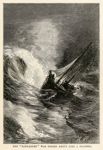De Tankadere werd heen en weer geslingerd als een veertje, uit De Reis om de Wereld in Tachtig Dagen door Jules Verne (1828-1905) gegraveerd door Adolphe François Pannemaker (1822-1900), 1873 door Hippolyte Leon after Benett