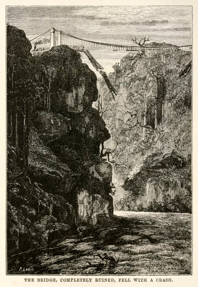 De brug, volledig verwoest, viel met een klap, uit De Reis om de Wereld in Tachtig Dagen door Jules Verne (1828-1905) gegraveerd door Louis, 1873 door Hippolyte Leon after Benett