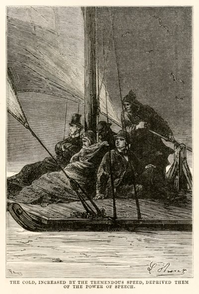 De kou, versterkt door de enorme snelheid, beroofde hen van de spraak, uit De Reis om de Wereld in Tachtig Dagen door Jules Verne (1828-1905) gegraveerd door Adolphe François Pannemaker (1822-1900) door Hippolyte Leon after Benett