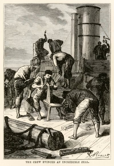 De bemanning toonde een ongelooflijke ijver, uit De Reis om de Wereld in Tachtig Dagen door Jules Verne (1828-1905) gegraveerd door Louis Dumont (b.1822), 1873 door Hippolyte Leon after Benett
