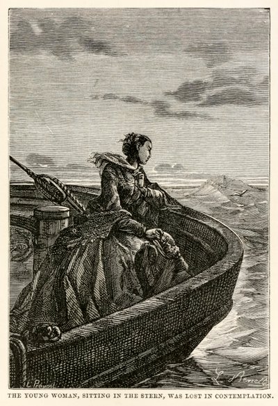 De jonge vrouw, zittend in de achtersteven, was verloren in contemplatie, uit De Reis om de Wereld in Tachtig Dagen door Jules Verne (1828-1905), gegraveerd door Jean Louis Prevost, (1790-1850), 1873 door Hippolyte Leon after Benett