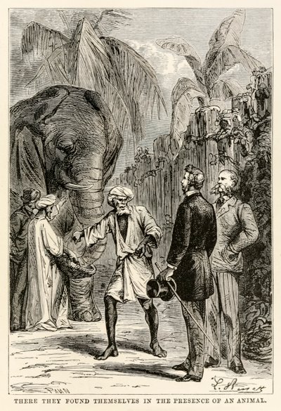 Daar bevonden ze zich in de aanwezigheid van een dier, uit De Reis om de Wereld in Tachtig Dagen door Jules Verne (1828-1905), gegraveerd door Adolphe François Pannemaker (1822-1900), 1873 door Hippolyte Leon after Benett