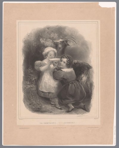 Twee kinderen met een geit drinken geitenmelk door Hippolyte Louis Garnier
