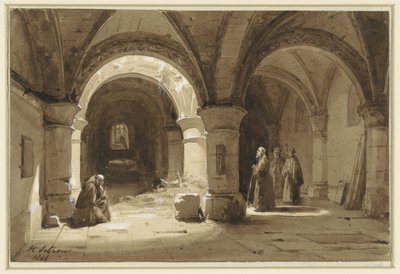 Kloostergewelven met monniken door Hippolyte Victor Valentin Sebron