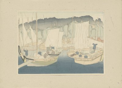 Bootjes in de haven van Shiogama door Hirafuku Hyakusui