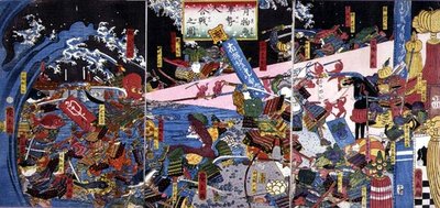 Parodie van een gevechtsscène, die de strijd van groenten en vis uitbeeldt door Hirokage Utagawa