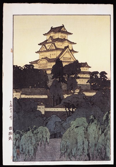 Avondzicht op Himeji kasteel door Hiroshi Yoshida