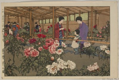 Tokugawa Pioenrozentuin, uit de serie, Twaalf scènes van Tokio, Showa tijdperk door Hiroshi Yoshida