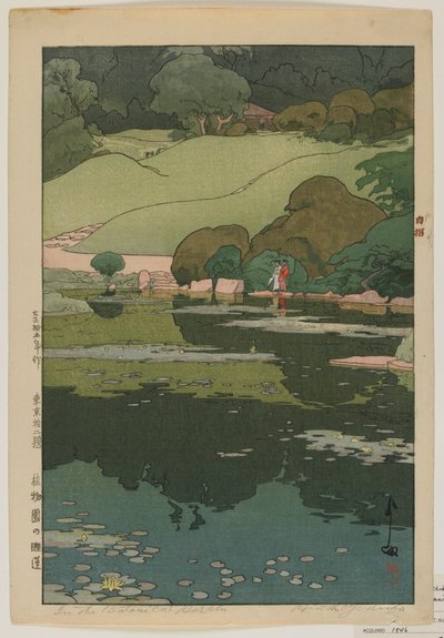 Waterlelies in de Botanische Tuin, uit de serie Twaalf Scènes van Tokio, Taisho-periode door Hiroshi Yoshida
