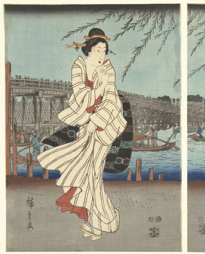 Beroemde plekken in de Oostelijke hoofdstad: Genietend van een avondbriesje bij de Ryogoku brug door Hiroshige (I) , Utagawa