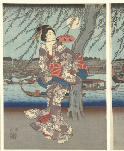 Beroemde plekken in de Oostelijke hoofdstad: Genietend van een avondbriesje bij de Ryogoku brug door Hiroshige (I) , Utagawa