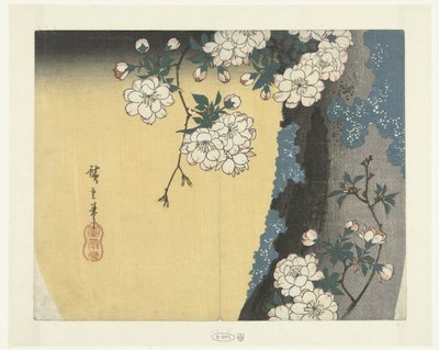 Mosachtige stam en kersenbloesems door Hiroshige (I) , Utagawa